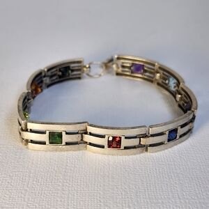 90's 925 Signed Multi Gemstone Bracelet Rainbow Square Cut Link Vintage 7"